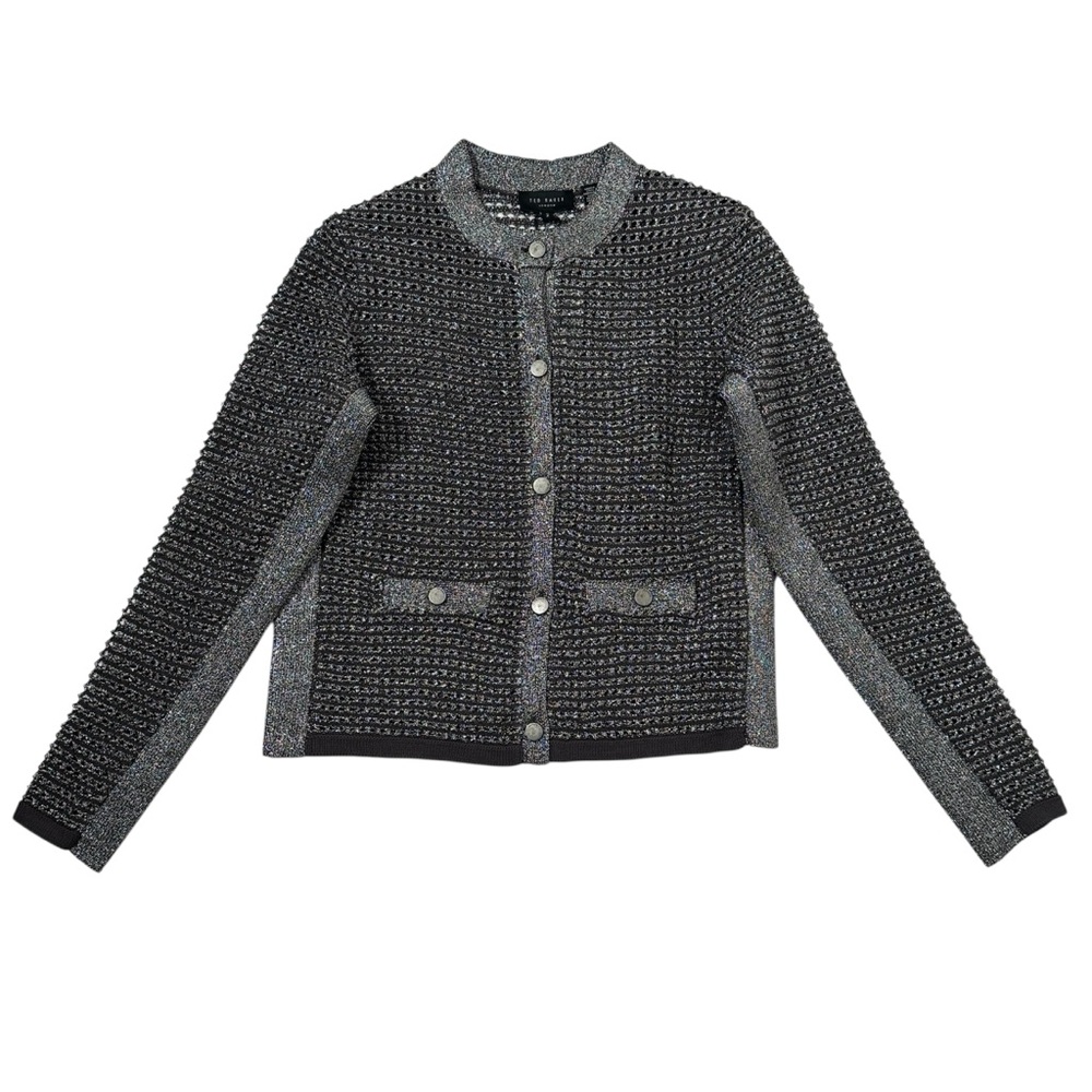 Ted Baker Open Knit Cardigan Sallyan Metallic Sweater Silver Gray SZ Small